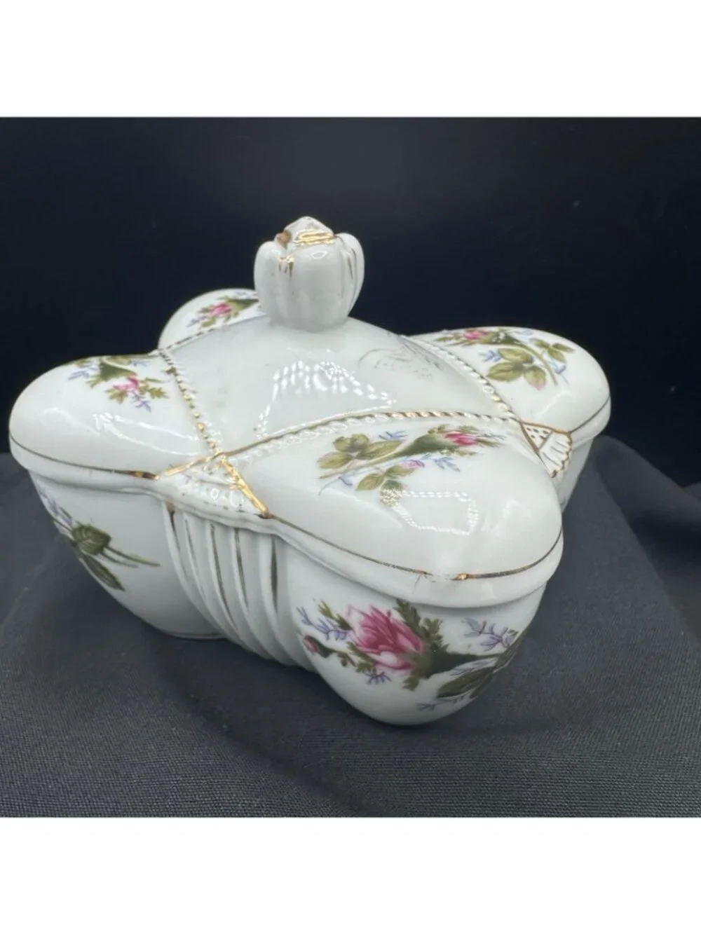 Vintage Japan Porcelain Trinket Box Pink Roses Gold Trim Footed Lidded Floral